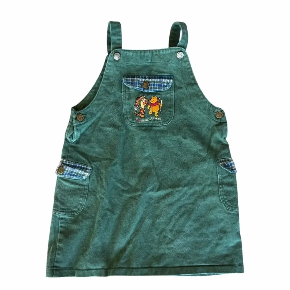 Vintage Winnie the Pooh Green Overalls Dress Girls Size 7/8
